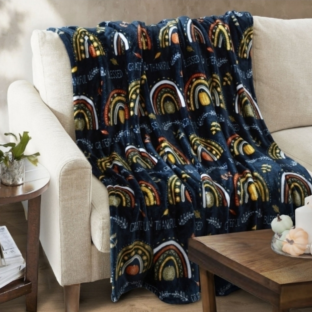 Fall Rainbows and Pumpkins Grateful Thankful Blessed Throw Blanket 50”x60"